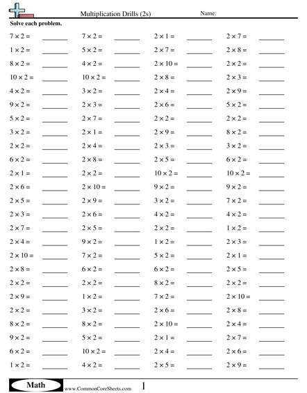 2s (horizontal) Worksheet - Multiplication Drills (2s) worksheet